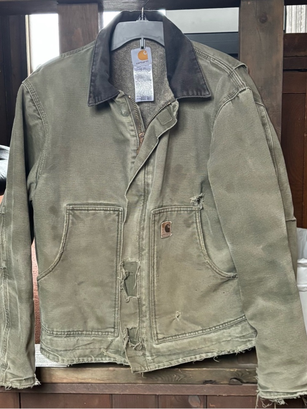 Vintage Carhartt Men's Olive Green Canvas Jacket with Dark Brown Cord Collar